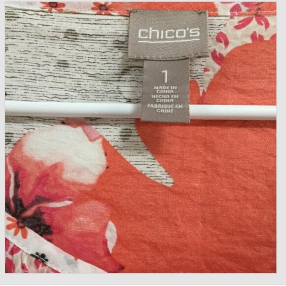 Chico's Women Size 1 = Size 8 Blouse Peasant Top Lightweight Coral Ivory Brown - Picture 5 of 5